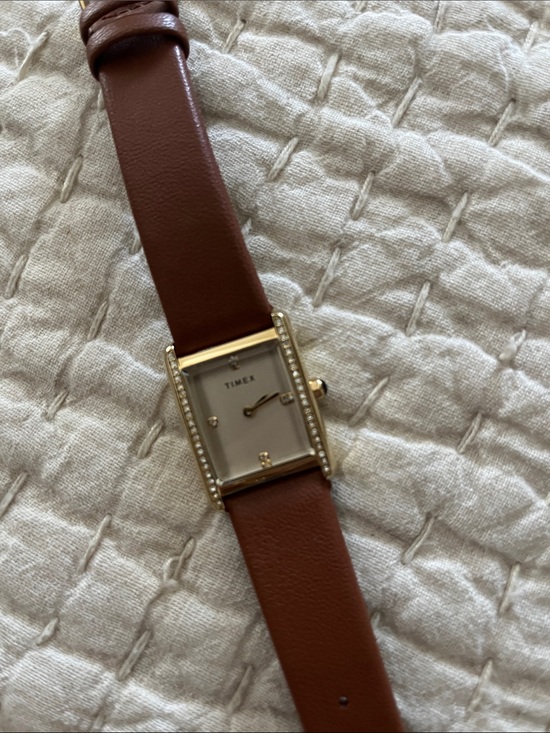 Timex Accessories - Women’s Timex Gold-Tone Rectangular Watch. Brown Leather Strap & Crystal Accents